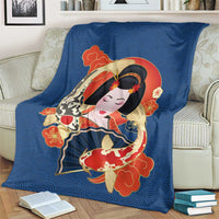 Japanese Geisha Koi Fish Blanket Cherry Blossoms Blue Seigaiha Pattern - Wonder Print Shop