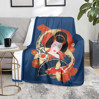 Japanese Geisha Koi Fish Blanket Cherry Blossoms Blue Seigaiha Pattern - Wonder Print Shop