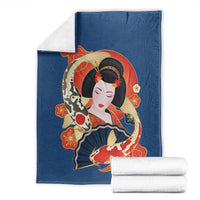 Japanese Geisha Koi Fish Blanket Cherry Blossoms Blue Seigaiha Pattern - Wonder Print Shop