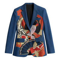 Japanese Geisha Koi Fish Blazer Cherry Blossoms Blue Seigaiha Pattern - Wonder Print Shop