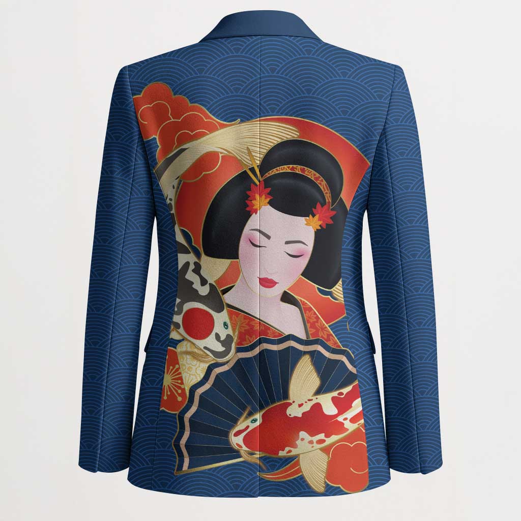 Japanese Geisha Koi Fish Blazer Cherry Blossoms Blue Seigaiha Pattern - Wonder Print Shop