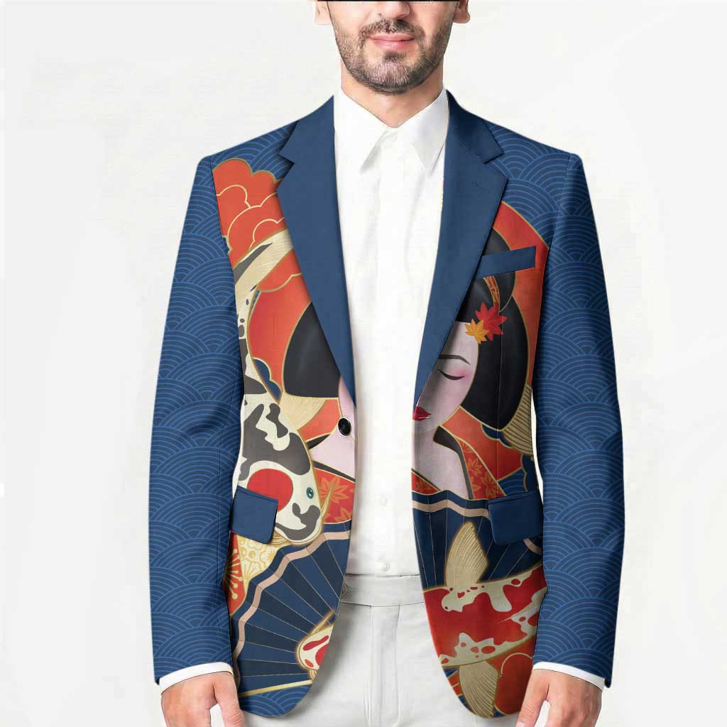 Japanese Geisha Koi Fish Blazer Cherry Blossoms Blue Seigaiha Pattern - Wonder Print Shop