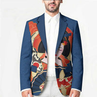 Japanese Geisha Koi Fish Blazer Cherry Blossoms Blue Seigaiha Pattern - Wonder Print Shop