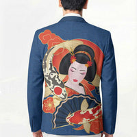 Japanese Geisha Koi Fish Blazer Cherry Blossoms Blue Seigaiha Pattern - Wonder Print Shop
