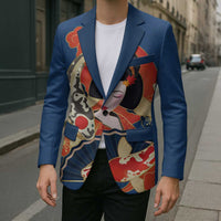 Japanese Geisha Koi Fish Blazer Cherry Blossoms Blue Seigaiha Pattern - Wonder Print Shop