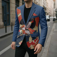 Japanese Geisha Koi Fish Blazer Cherry Blossoms Blue Seigaiha Pattern - Wonder Print Shop