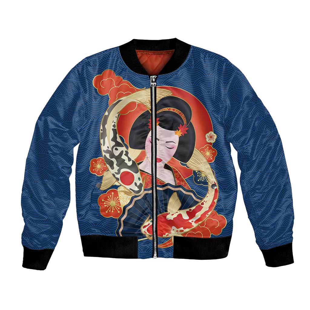 Japanese Geisha Koi Fish Bomber Jacket Cherry Blossoms Blue Seigaiha Pattern - Wonder Print Shop