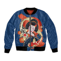 Japanese Geisha Koi Fish Bomber Jacket Cherry Blossoms Blue Seigaiha Pattern - Wonder Print Shop