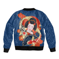 Japanese Geisha Koi Fish Bomber Jacket Cherry Blossoms Blue Seigaiha Pattern - Wonder Print Shop
