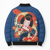 Japanese Geisha Koi Fish Bomber Puffer Jacket Cherry Blossoms Blue Seigaiha Pattern - Wonder Print Shop