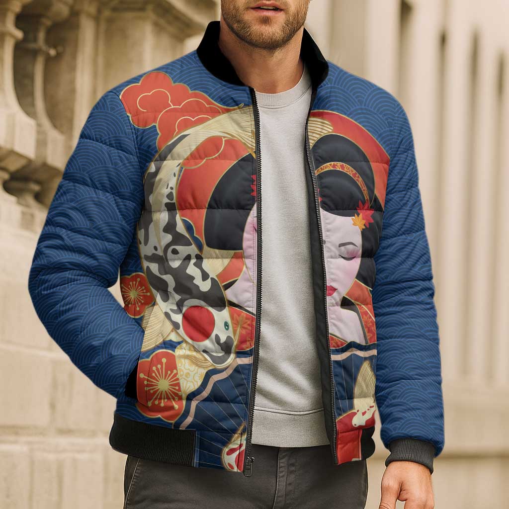 Japanese Geisha Koi Fish Bomber Puffer Jacket Cherry Blossoms Blue Seigaiha Pattern - Wonder Print Shop