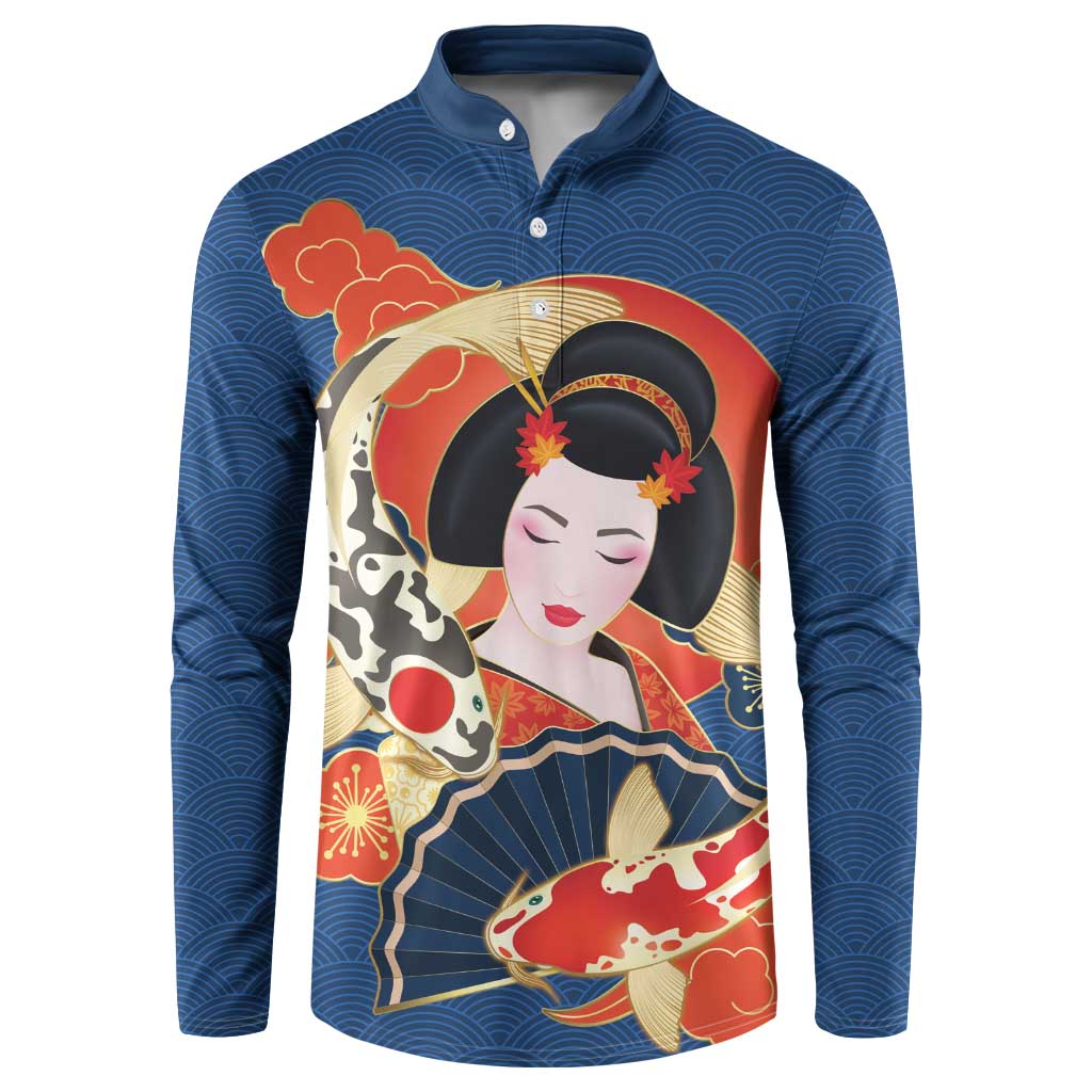 Japanese Geisha Koi Fish Button Sweatshirt Cherry Blossoms Blue Seigaiha Pattern - Wonder Print Shop