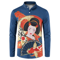 Japanese Geisha Koi Fish Button Sweatshirt Cherry Blossoms Blue Seigaiha Pattern - Wonder Print Shop