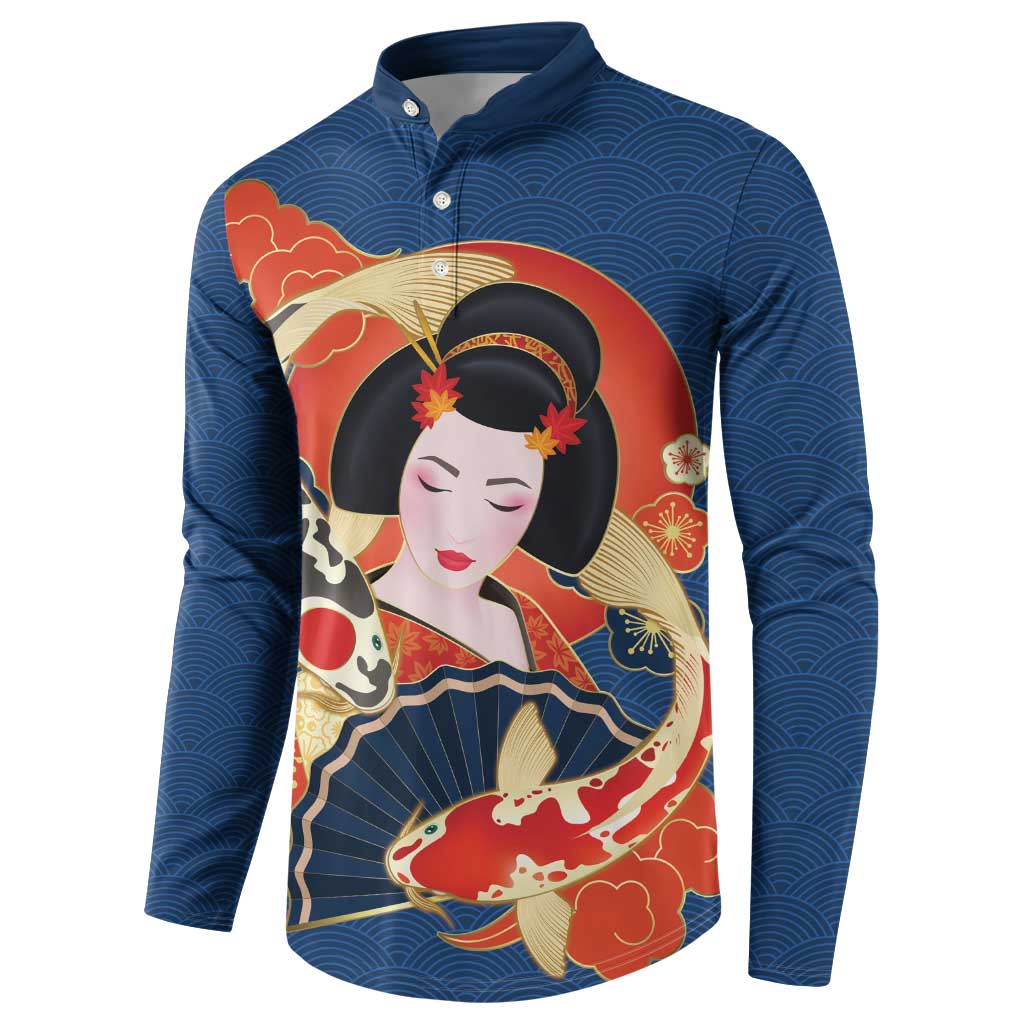 Japanese Geisha Koi Fish Button Sweatshirt Cherry Blossoms Blue Seigaiha Pattern - Wonder Print Shop