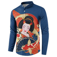 Japanese Geisha Koi Fish Button Sweatshirt Cherry Blossoms Blue Seigaiha Pattern - Wonder Print Shop
