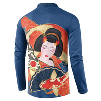 Japanese Geisha Koi Fish Button Sweatshirt Cherry Blossoms Blue Seigaiha Pattern - Wonder Print Shop