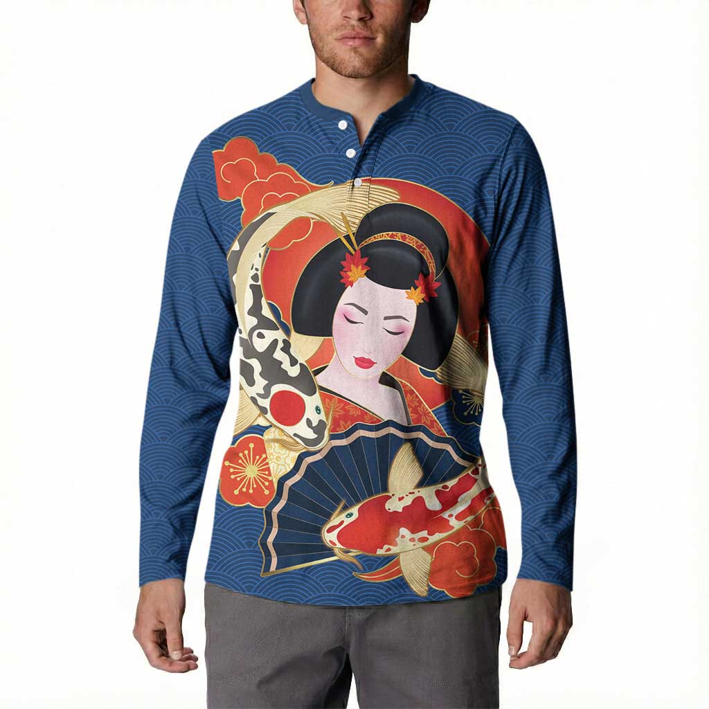 Japanese Geisha Koi Fish Button Sweatshirt Cherry Blossoms Blue Seigaiha Pattern - Wonder Print Shop