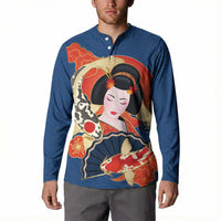 Japanese Geisha Koi Fish Button Sweatshirt Cherry Blossoms Blue Seigaiha Pattern - Wonder Print Shop