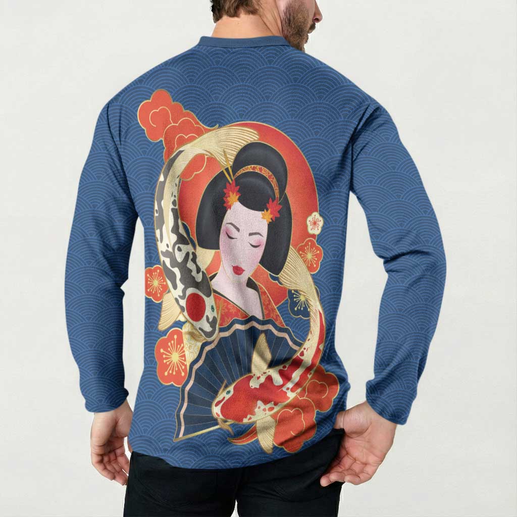 Japanese Geisha Koi Fish Button Sweatshirt Cherry Blossoms Blue Seigaiha Pattern - Wonder Print Shop