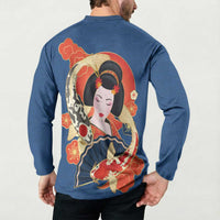 Japanese Geisha Koi Fish Button Sweatshirt Cherry Blossoms Blue Seigaiha Pattern - Wonder Print Shop