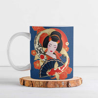Japanese Geisha Koi Fish Ceramic Mug Cherry Blossoms Blue Seigaiha Pattern - Wonder Print Shop