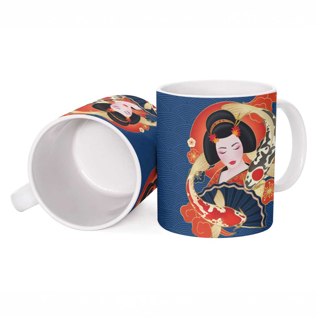 Japanese Geisha Koi Fish Ceramic Mug Cherry Blossoms Blue Seigaiha Pattern - Wonder Print Shop