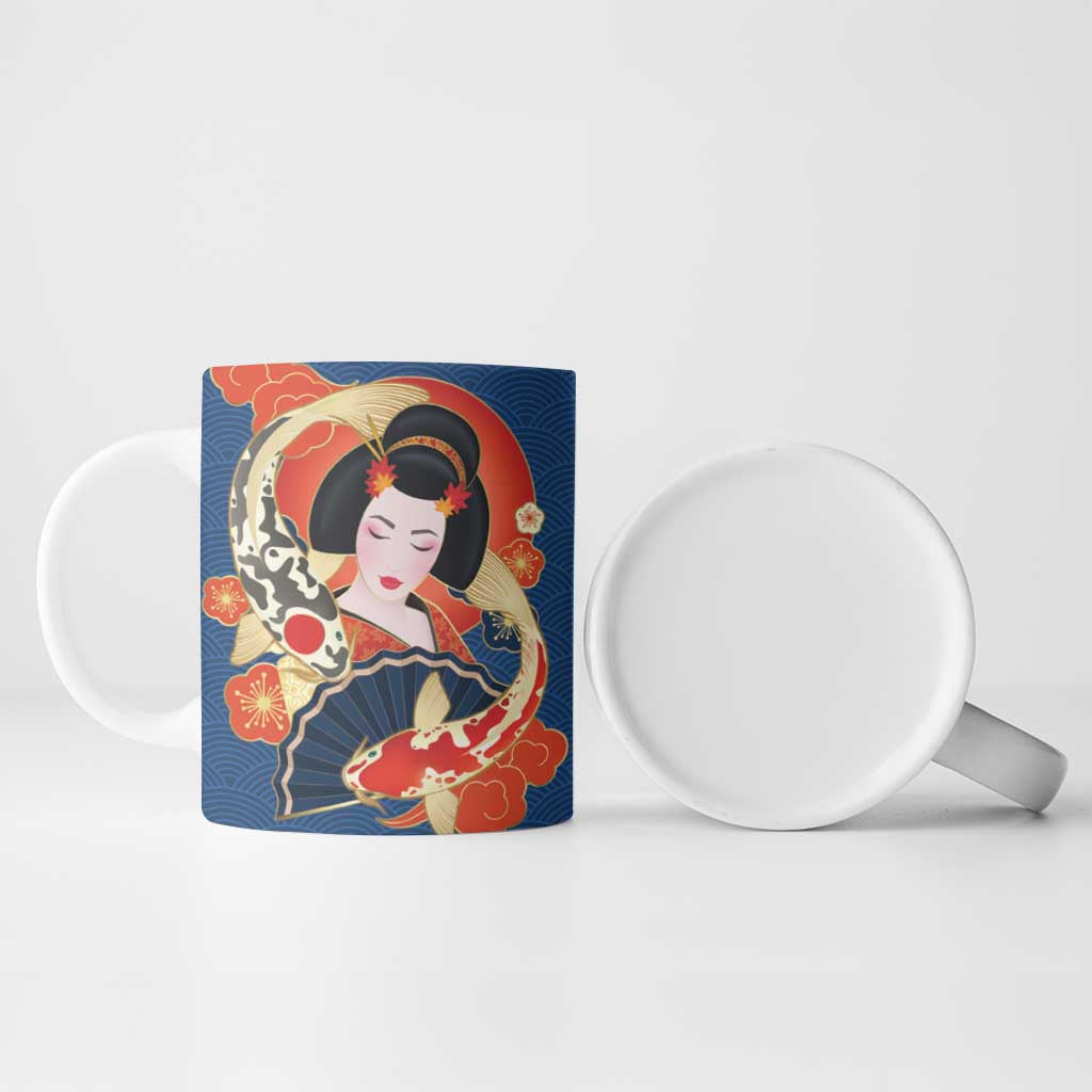 Japanese Geisha Koi Fish Ceramic Mug Cherry Blossoms Blue Seigaiha Pattern - Wonder Print Shop