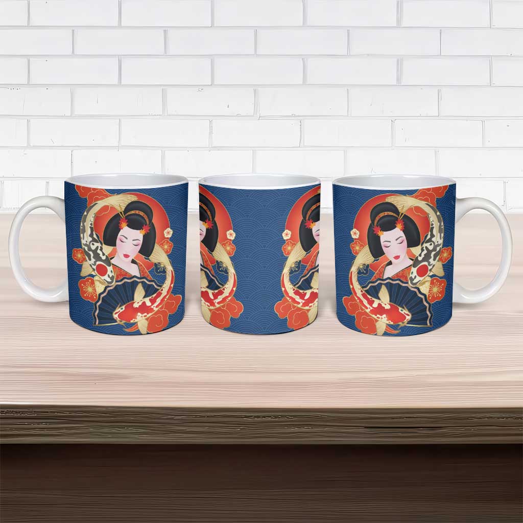 Japanese Geisha Koi Fish Ceramic Mug Cherry Blossoms Blue Seigaiha Pattern - Wonder Print Shop