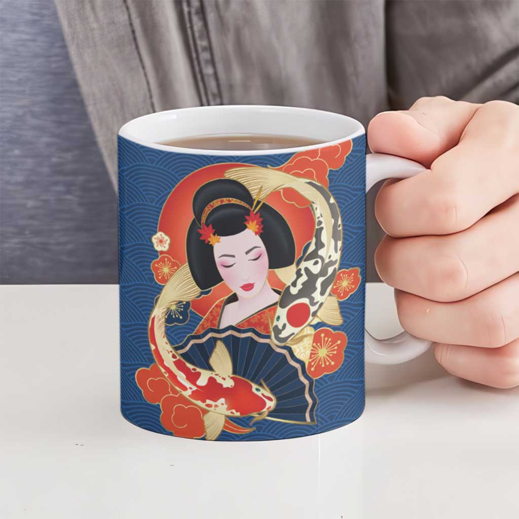 Japanese Geisha Koi Fish Ceramic Mug Cherry Blossoms Blue Seigaiha Pattern - Wonder Print Shop