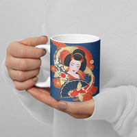Japanese Geisha Koi Fish Ceramic Mug Cherry Blossoms Blue Seigaiha Pattern - Wonder Print Shop
