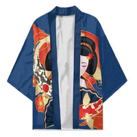 Japanese Geisha Koi Fish Kimono Cherry Blossoms Blue Seigaiha Pattern - Wonder Print Shop