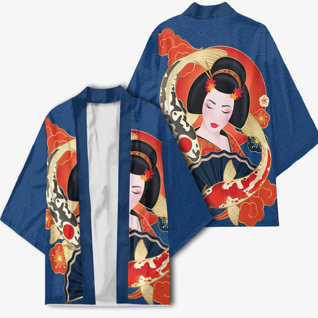 Japanese Geisha Koi Fish Kimono Cherry Blossoms Blue Seigaiha Pattern - Wonder Print Shop