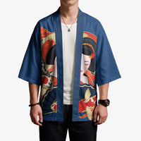 Japanese Geisha Koi Fish Kimono Cherry Blossoms Blue Seigaiha Pattern - Wonder Print Shop