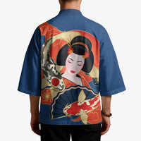 Japanese Geisha Koi Fish Kimono Cherry Blossoms Blue Seigaiha Pattern - Wonder Print Shop