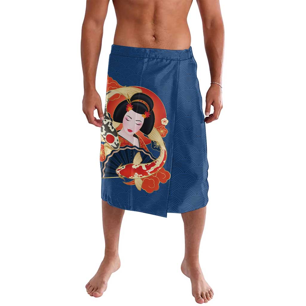 Japanese Geisha Koi Fish Lavalava Cherry Blossoms Blue Seigaiha Pattern - Wonder Print Shop