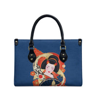 Japanese Geisha Koi Fish Leather Bag Cherry Blossoms Blue Seigaiha Pattern - Wonder Print Shop