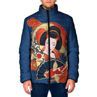 Japanese Geisha Koi Fish Padded Jacket Cherry Blossoms Blue Seigaiha Pattern - Wonder Print Shop