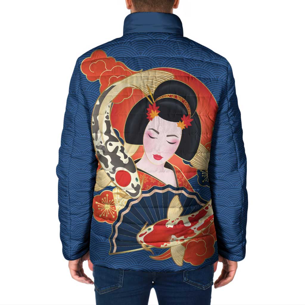 Japanese Geisha Koi Fish Padded Jacket Cherry Blossoms Blue Seigaiha Pattern - Wonder Print Shop