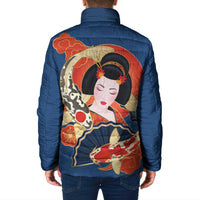 Japanese Geisha Koi Fish Padded Jacket Cherry Blossoms Blue Seigaiha Pattern - Wonder Print Shop