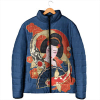 Japanese Geisha Koi Fish Padded Jacket Cherry Blossoms Blue Seigaiha Pattern - Wonder Print Shop