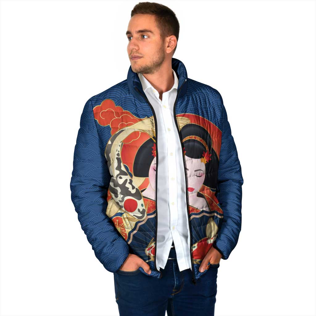 Japanese Geisha Koi Fish Padded Jacket Cherry Blossoms Blue Seigaiha Pattern - Wonder Print Shop