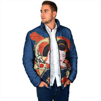 Japanese Geisha Koi Fish Padded Jacket Cherry Blossoms Blue Seigaiha Pattern - Wonder Print Shop