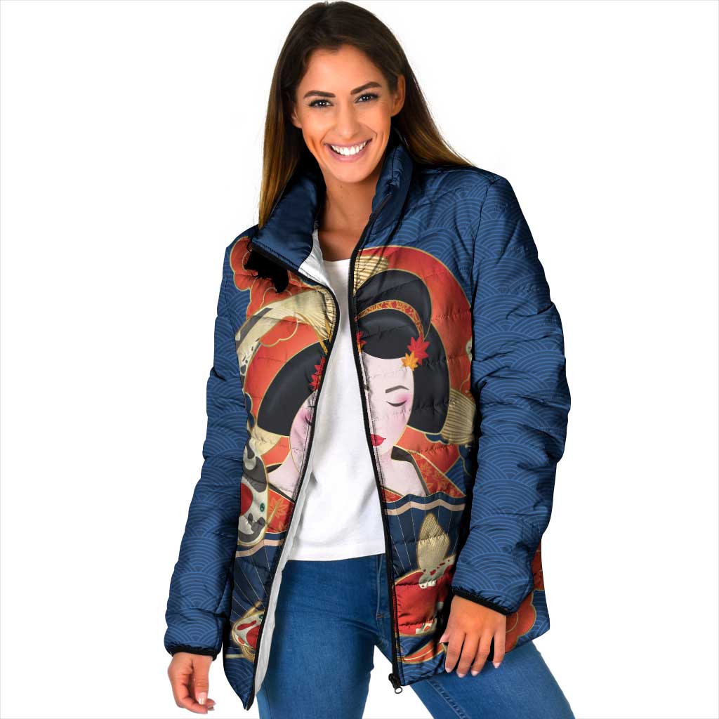 Japanese Geisha Koi Fish Padded Jacket Cherry Blossoms Blue Seigaiha Pattern - Wonder Print Shop