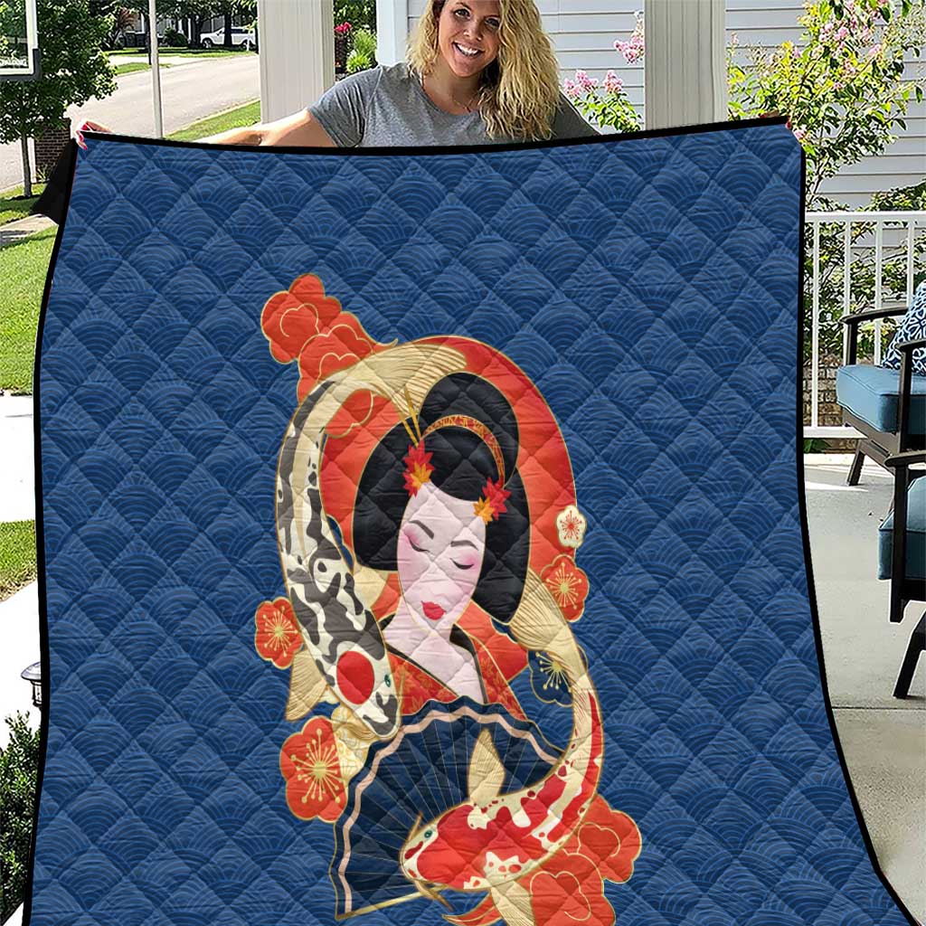 Japanese Geisha Koi Fish Quilt Cherry Blossoms Blue Seigaiha Pattern - Wonder Print Shop