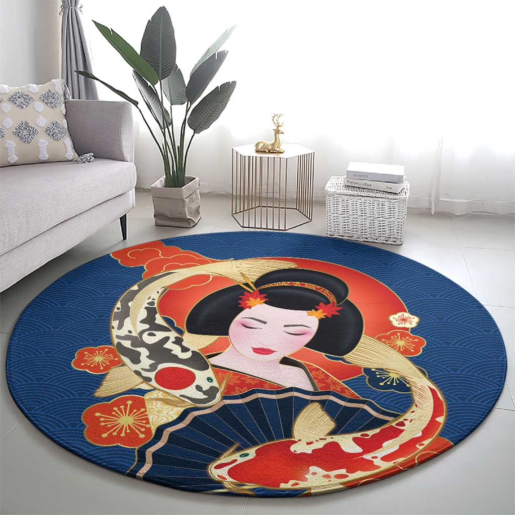 Japanese Geisha Koi Fish Round Carpet Cherry Blossoms Blue Seigaiha Pattern - Wonder Print Shop