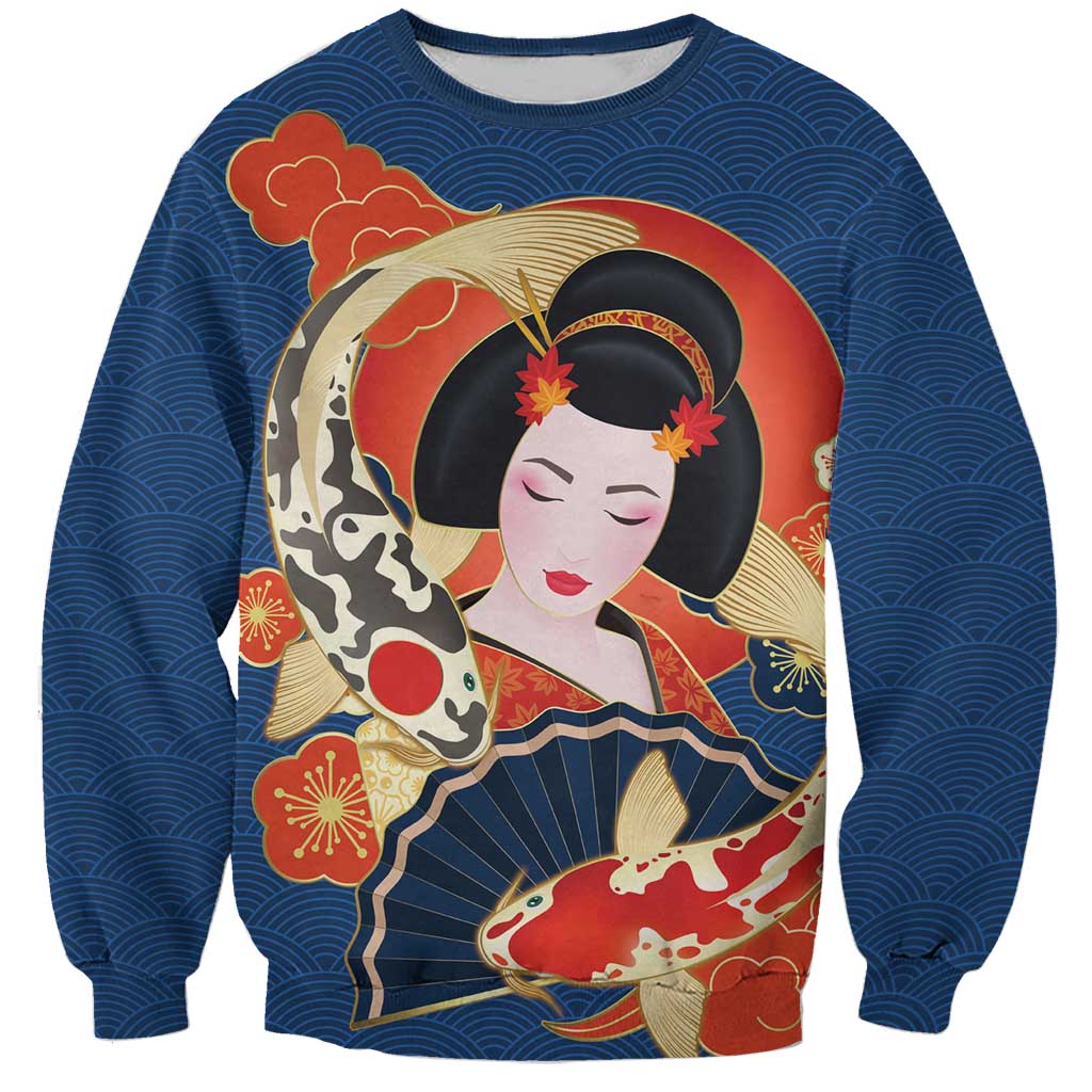 Japanese Geisha Koi Fish Sweatshirt Cherry Blossoms Blue Seigaiha Pattern - Wonder Print Shop