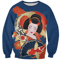 Japanese Geisha Koi Fish Sweatshirt Cherry Blossoms Blue Seigaiha Pattern - Wonder Print Shop