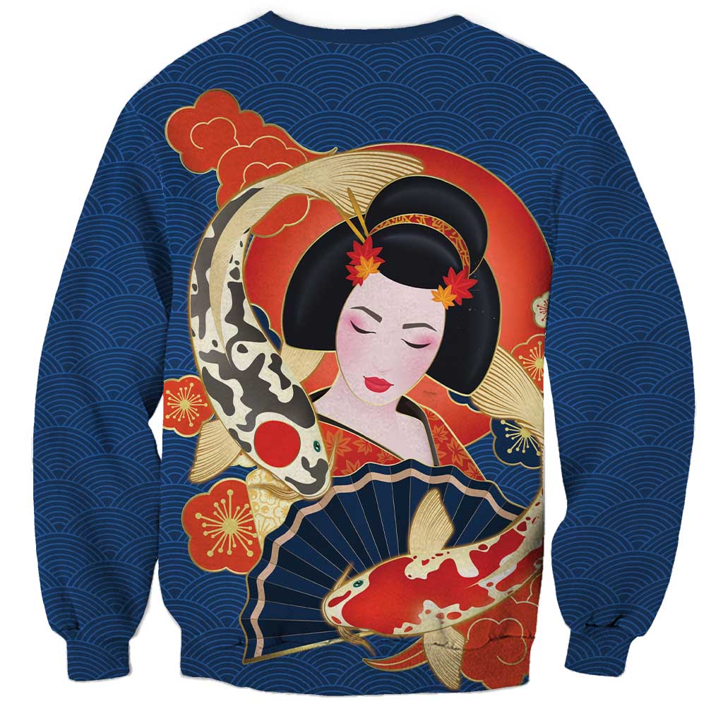 Japanese Geisha Koi Fish Sweatshirt Cherry Blossoms Blue Seigaiha Pattern - Wonder Print Shop