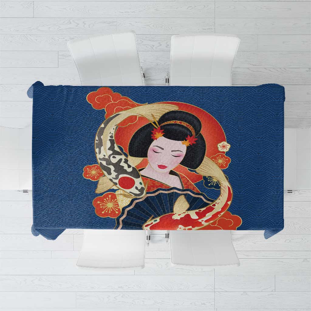 Japanese Geisha Koi Fish Tablecloth Cherry Blossoms Blue Seigaiha Pattern - Wonder Print Shop