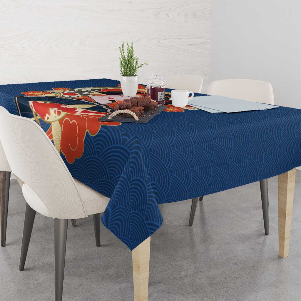 Japanese Geisha Koi Fish Tablecloth Cherry Blossoms Blue Seigaiha Pattern - Wonder Print Shop